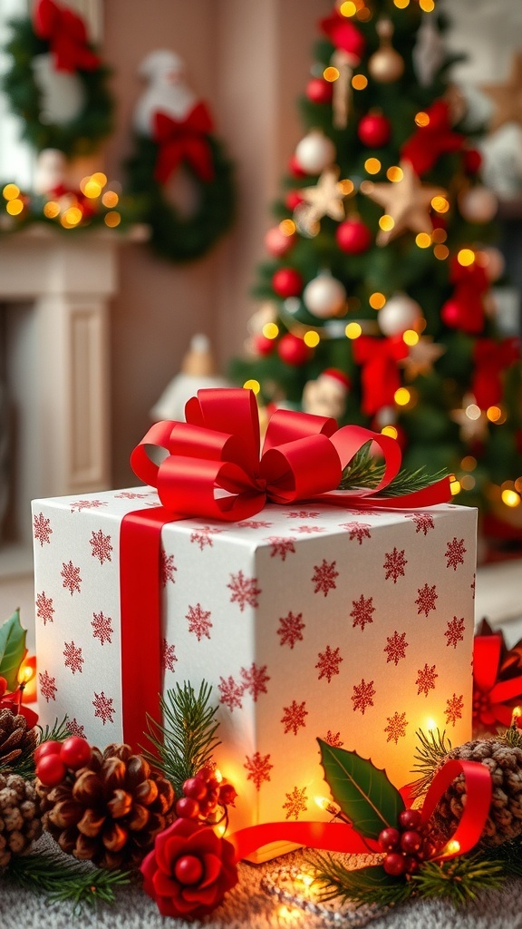 A festive Christmas gift box with a red ribbon, surrounded by holiday decorations.